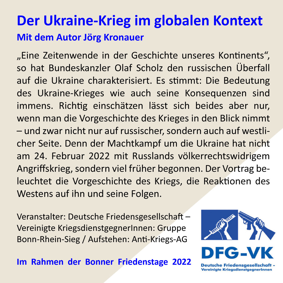Der Ukraine-Krieg im globalen Kontext - Vortrag und Diskussion zur Geopolitik mit Jörg Kronauer, Autor des gerade erschienenen Buches „Der Aufmarsch“